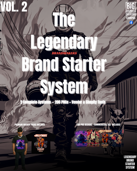 Legendary Brand Starter System Vol 2 – 200 PNGs, Mockups, Vendor & Shopify Tools