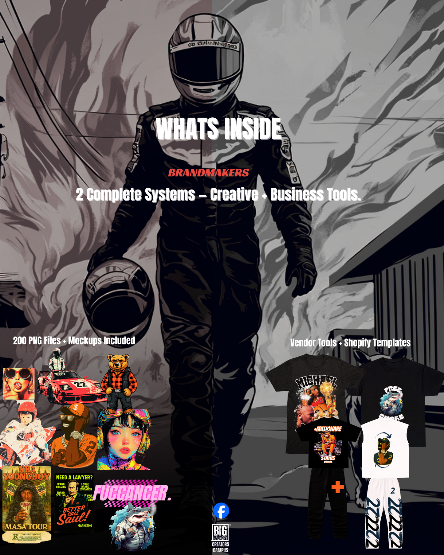 Inside the Legendary Brand Starter System – includes 200 PNG files, mockups, vendor tools, and Shopify templates for creators.